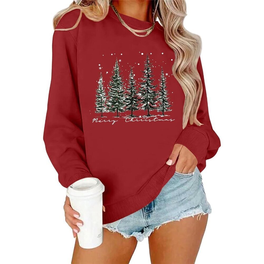 Christmas Tree Sweatshirt Women Pine Tree Print Casual Xmas Gift Large